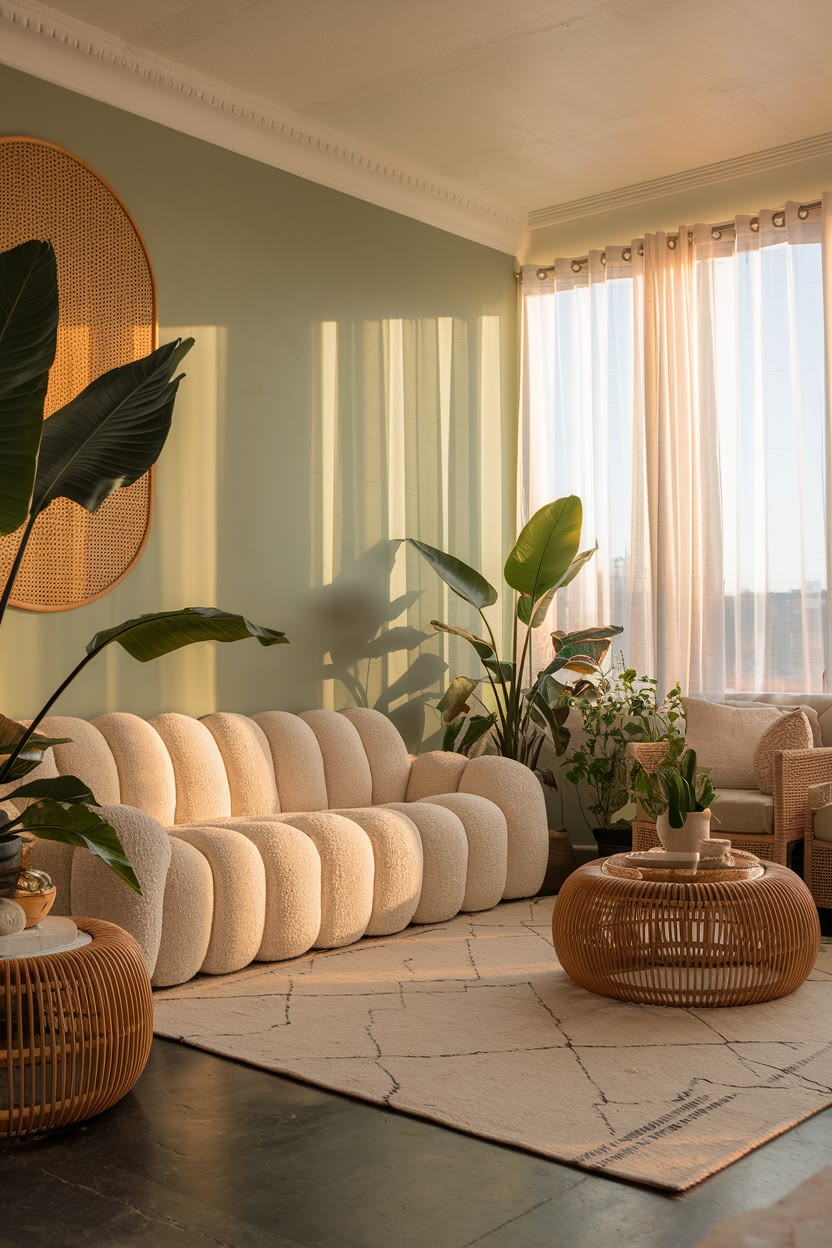 Living room with a ribbed grey sofa, arched wall niche, framed line art and a tall palm