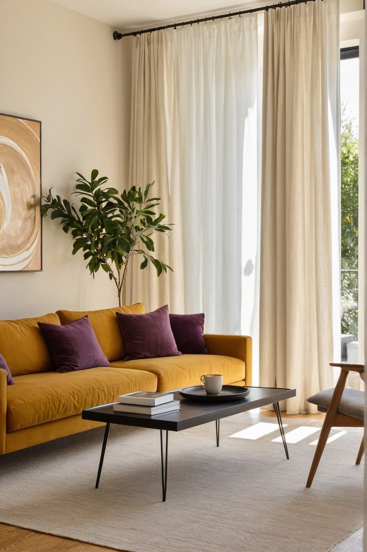 Living room with a mustard sofa, plum cushions and tall linen curtains
